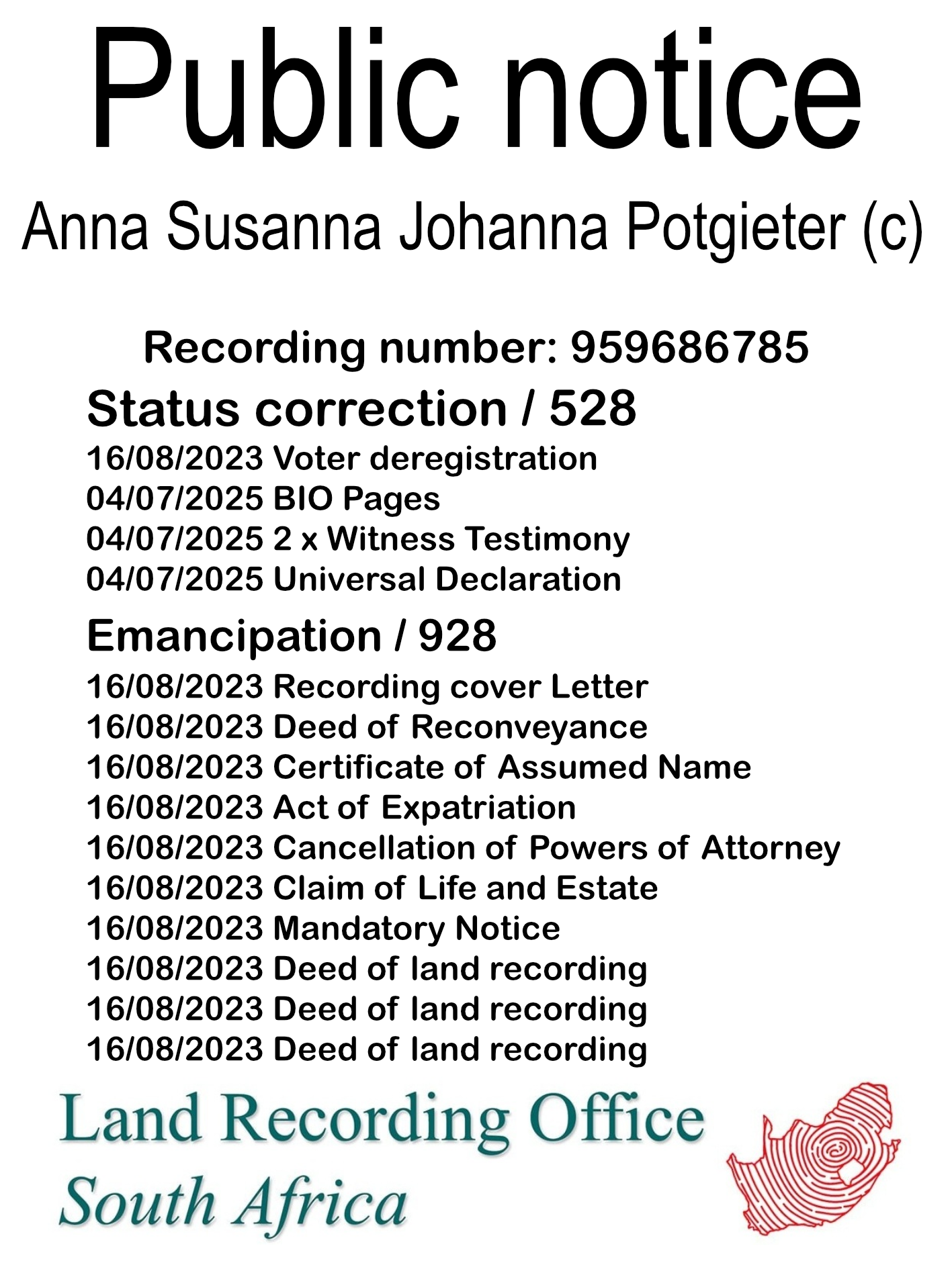 Public notice Anna Susanna Johanna Potgieter (c) Recording number 959686785